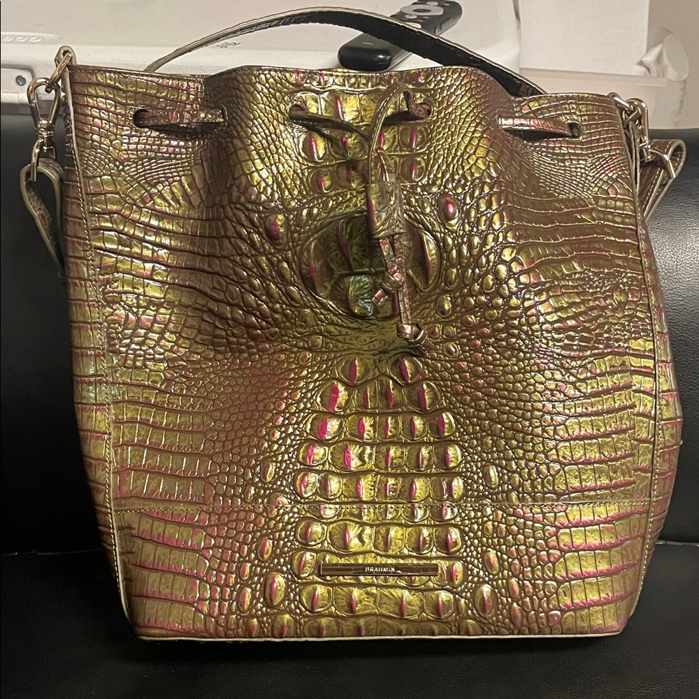 Brahmin Metallic Gold Crocodile Embossed Shoulder Bag